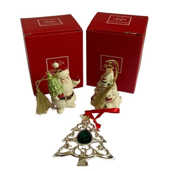 🎄 3x Lenox Tree Ornaments American by Design Porcelain Christmas Santa & Trees - Picture 1 of 5
